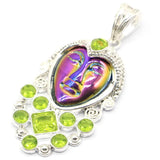 Fire Rainbow Titanium Goddess Face Green Peridot Eye-Catching Silver Pendant