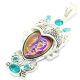 Rainbow Titanium Quartz Goddess Face Green Peridot Aquamarine Silver Pendant