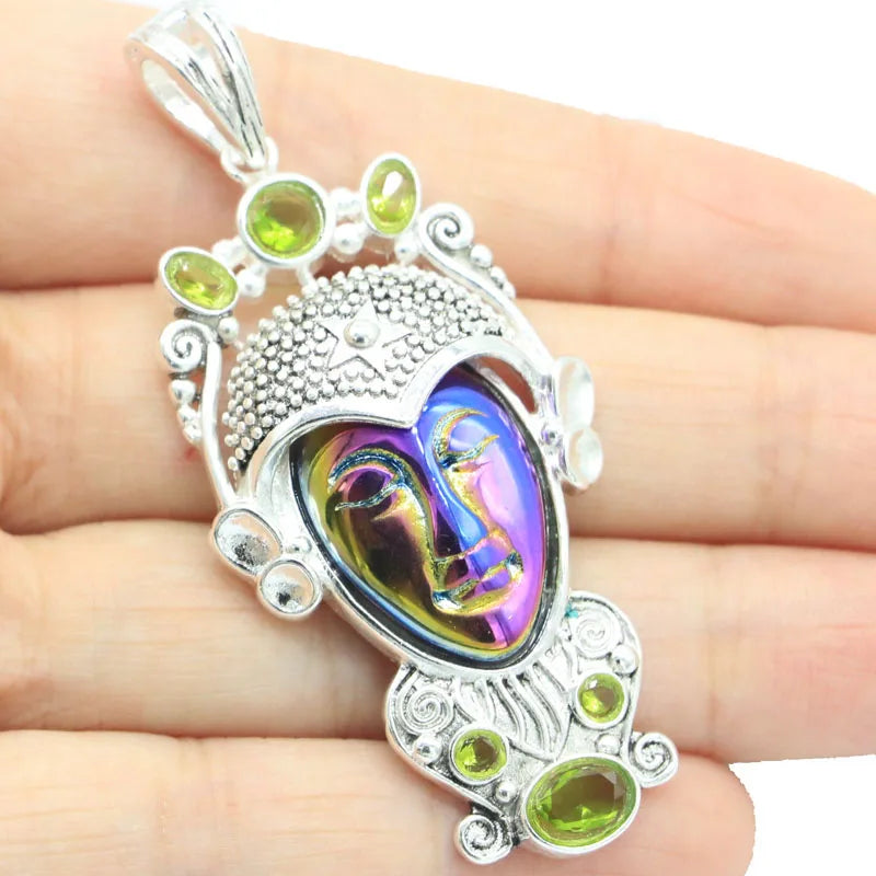 Rainbow Titanium Quartz Goddess Face Green Peridot Aquamarine Silver Pendant
