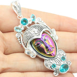Rainbow Titanium Quartz Goddess Face Green Peridot Aquamarine Silver Pendant