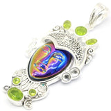 Rainbow Titanium Quartz Goddess Face Green Peridot Aquamarine Silver Pendant