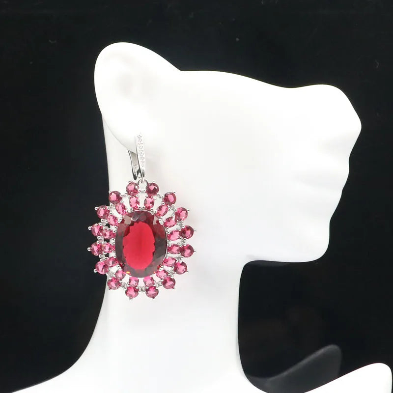 Big Pink Rhodolite Garnet Silver Earrings for Women