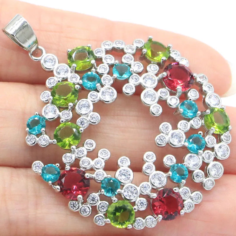 Rhodolite Garnet Peridot Aquamarine CZ Silver Pendant