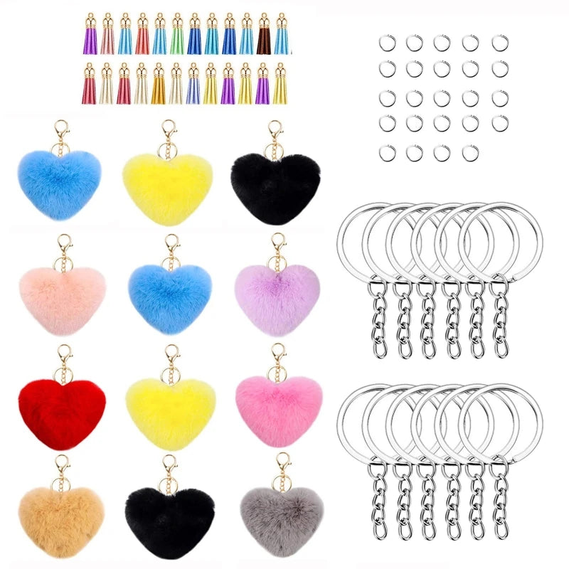 Colorful Pom Poms Ball Set with Jump Rings and Key Chains