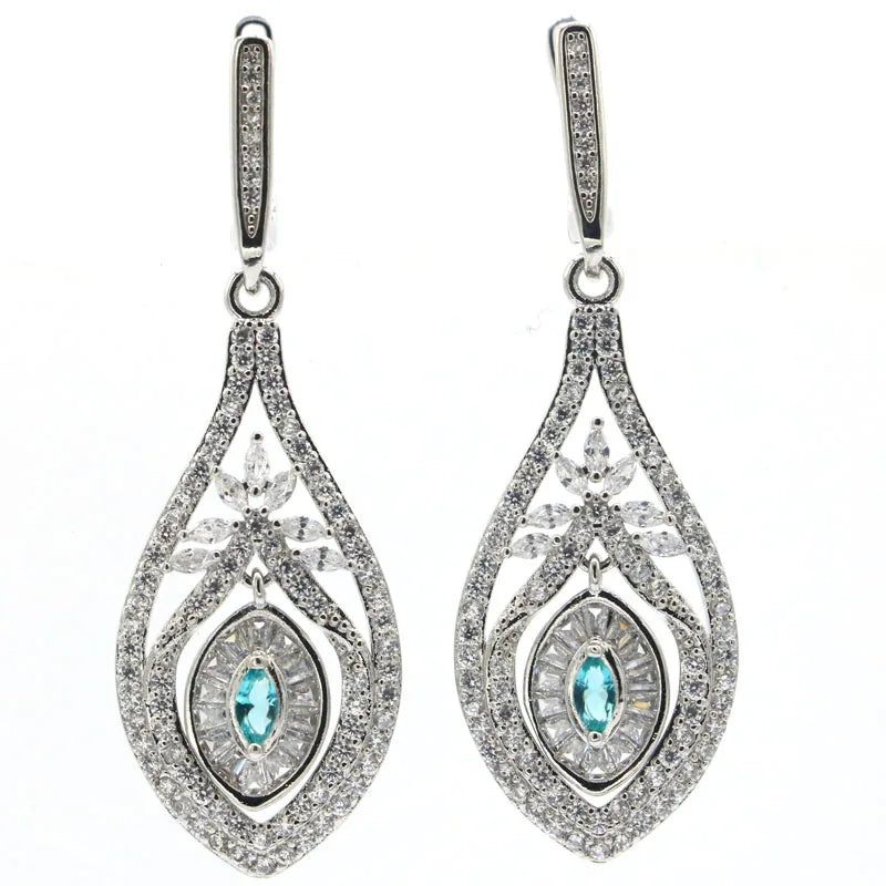 Pink Tourmaline Aquamarine CZ Silver Earrings for Women
