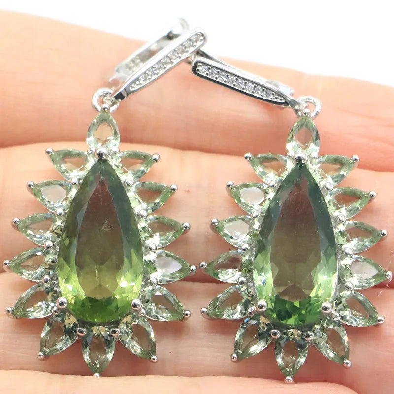 Beautiful Green Amethyst Pink Kunzite CZ Silver Earrings
