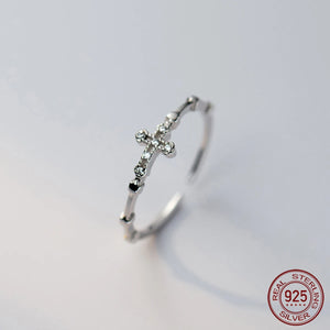 925 Silver Zircon Cross Adjustable Ring Religious Jewelry for Women