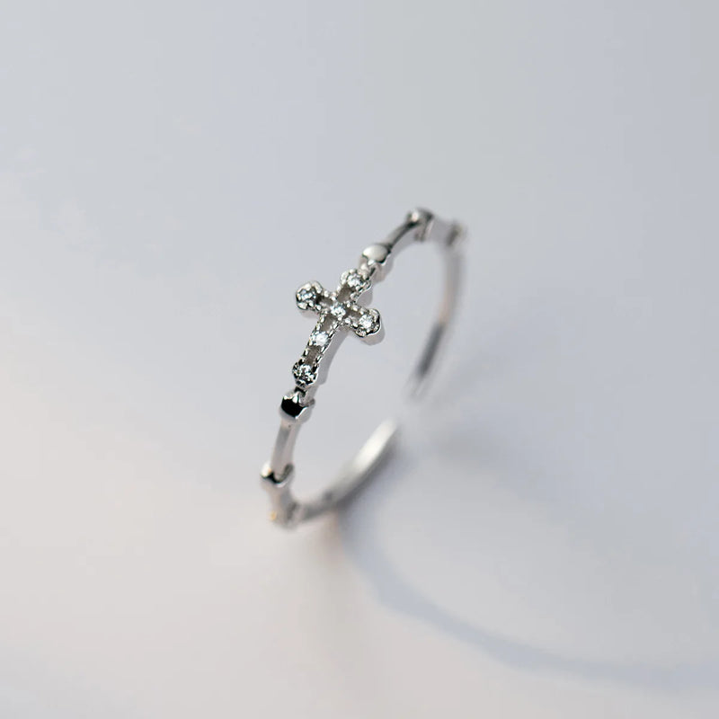 925 Silver Zircon Cross Adjustable Ring Religious Jewelry for Women