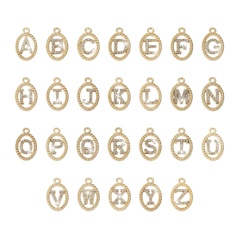 52pcs Rhinestone Alphabet A-Z Charms Golden Letter Alloy for DIY Jewelry Making