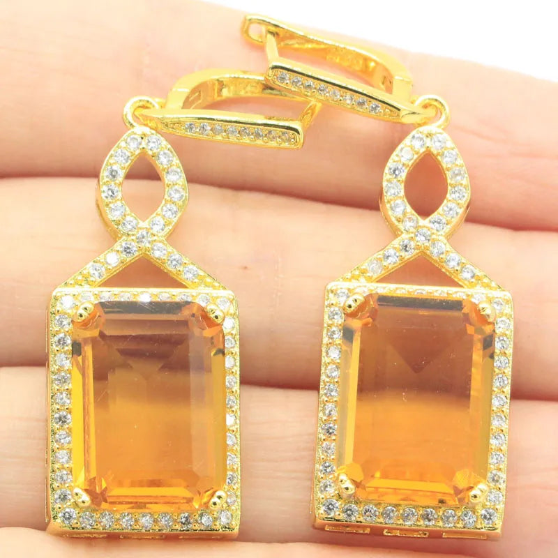 Princess Cut Golden Citrine CZ Silver Earrings for Daily Wear