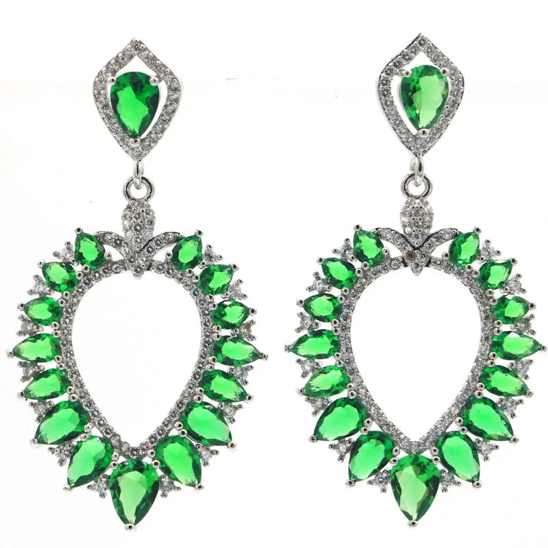 Big Drop Green Emerald CZ Women Wedding 925 Silver Earrings