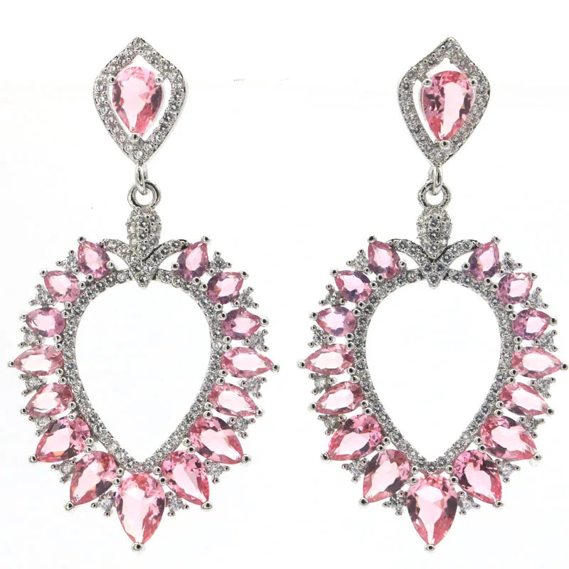 Gorgeous Pink Morganite CZ Women Wedding 925 Silver Earrings