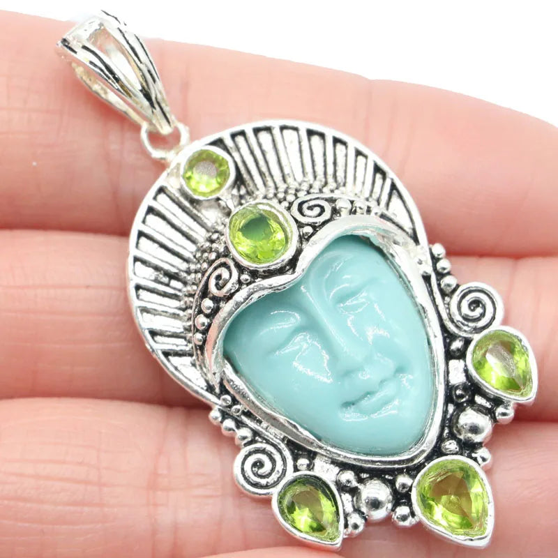 Big Goddess Turquoise Face Green Peridot Emerald Silver Pendant