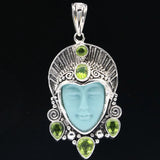 Big Goddess Turquoise Face Green Peridot Emerald Silver Pendant