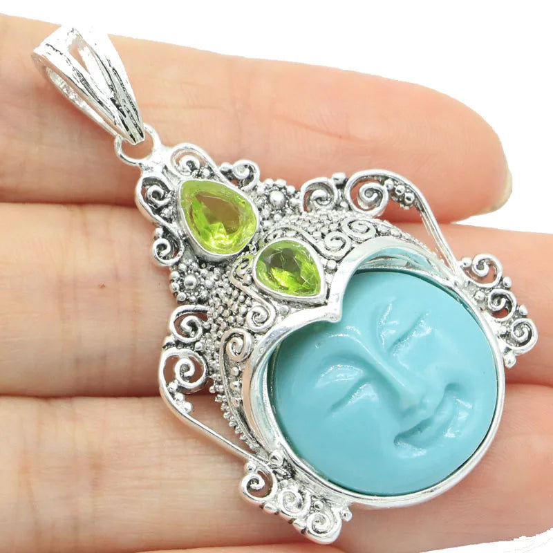 Special Goddess Face Turquoise Pink Morganite Aquamarine Peridot Pendant
