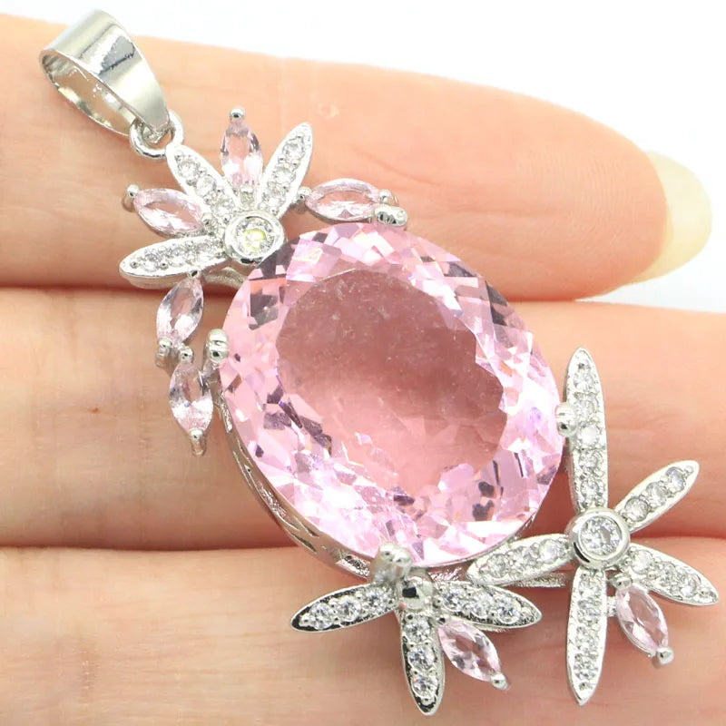 53x25mm Pink Kunzite CZ Silver Pendant Earrings
