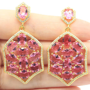 Big 14g Pink Tourmaline CZ Silver Earrings
