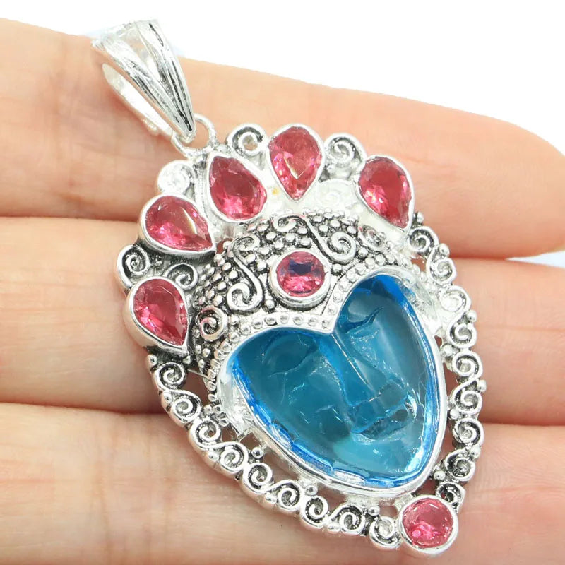 Egypt Goddess Aqua Quartz Face Rhodolite Garnet Silver Pendant