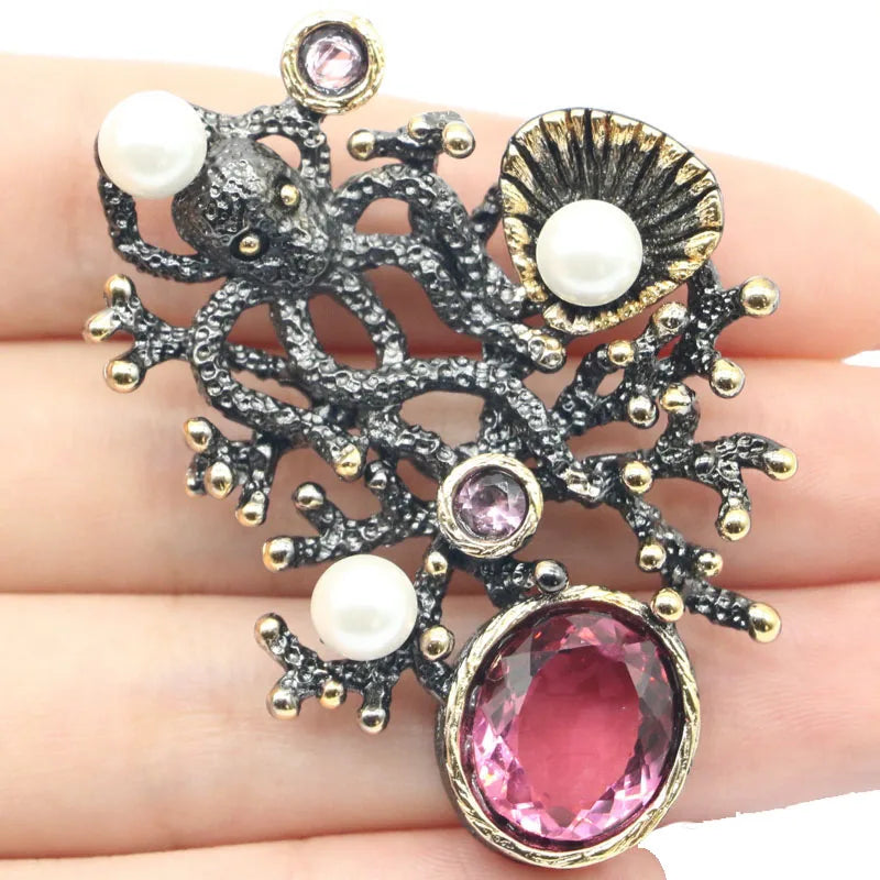 Neo-Gothic Octopus Pendant with Ruby, Tanzanite, Morganite, Pearl