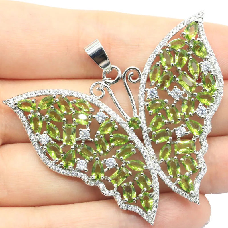 Butterfly Shape Green Peridot CZ Silver Pendant for Women