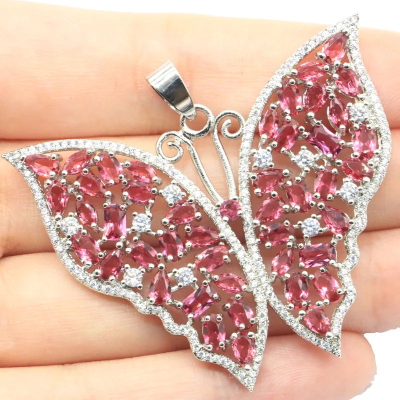 Butterfly Shape Pink Tourmaline Tanzanite CZ Silver Pendant