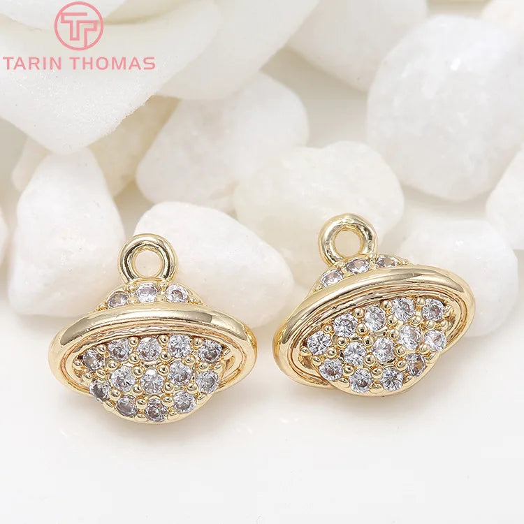 4PCS 8X10MM Hole 1.5MM 24K Brass Zircon Planet Charms DIY Jewelry Findings