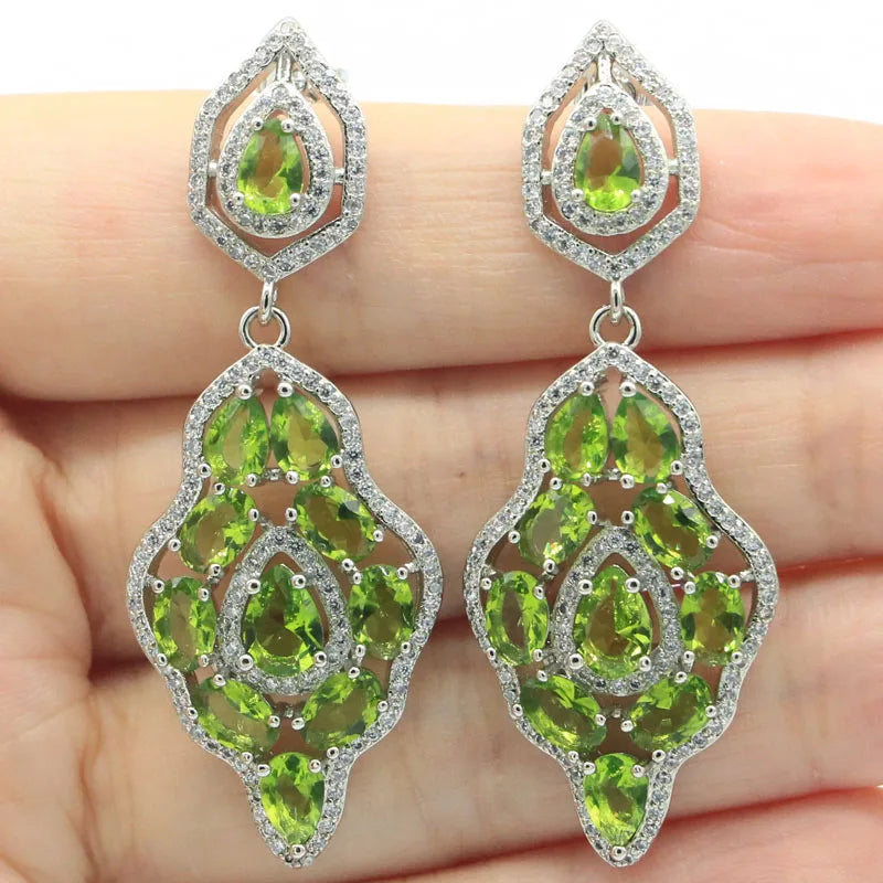 Gorgeous Green Peridot CZ Wedding Silver Earrings