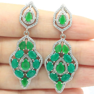 Long Big Green Emerald CZ Silver Earrings for Wedding Dating