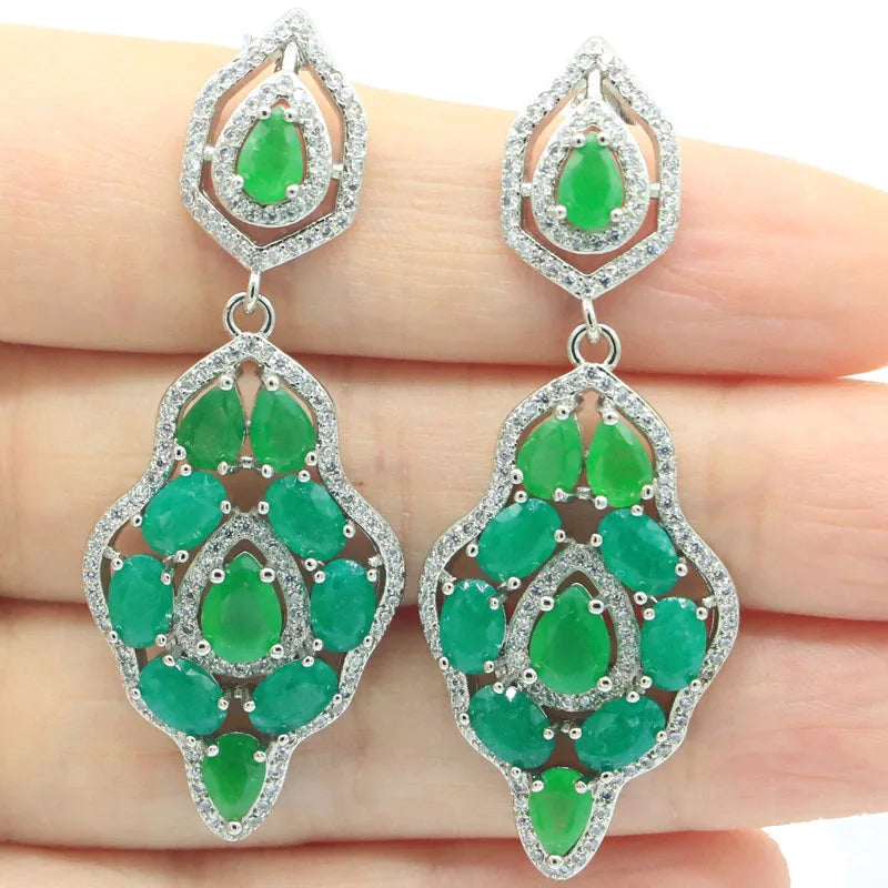 Long Big Green Emerald CZ Silver Earrings for Wedding Dating