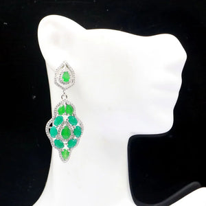 Long Big Green Emerald CZ Silver Earrings for Wedding Dating