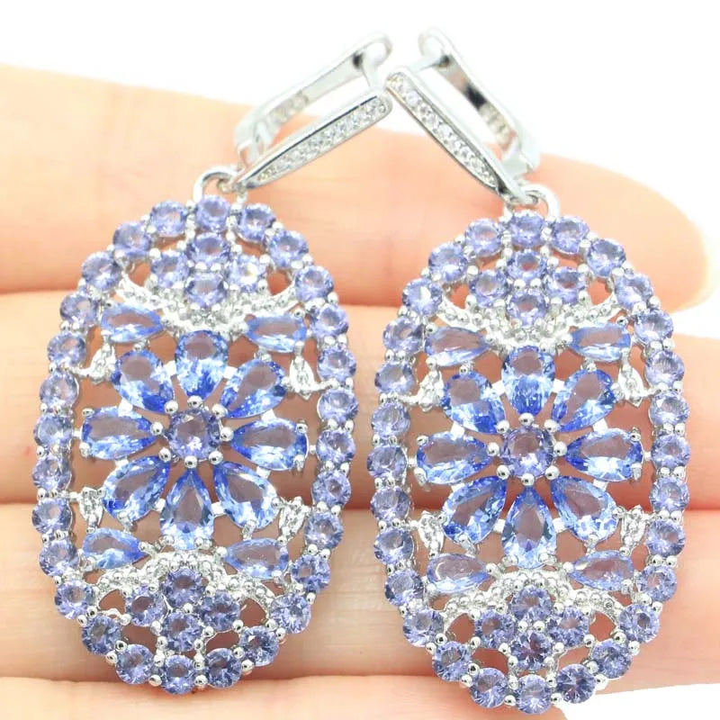 Long Rich Violet Tanzanite CZ Silver Earrings for Women