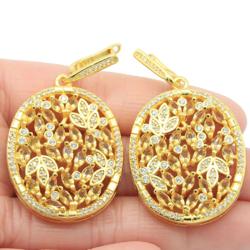 Golden Citrine CZ Pendant Earrings Set in 14K Silver for Daily Wear