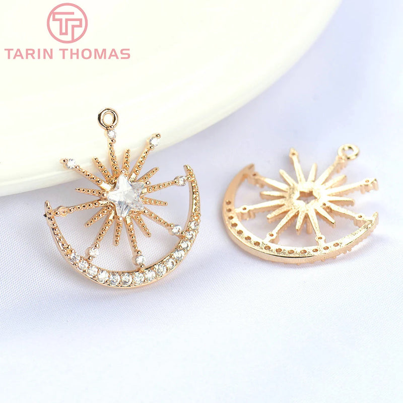4PCS 24MM 24K Brass Zircon Star Moon Charms Pendants DIY Jewelry Findings