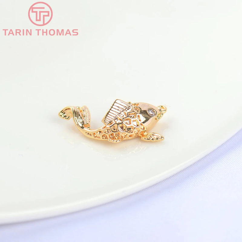 6PCS 24K Brass Zircon Carp Charms Pendants DIY Jewelry Findings