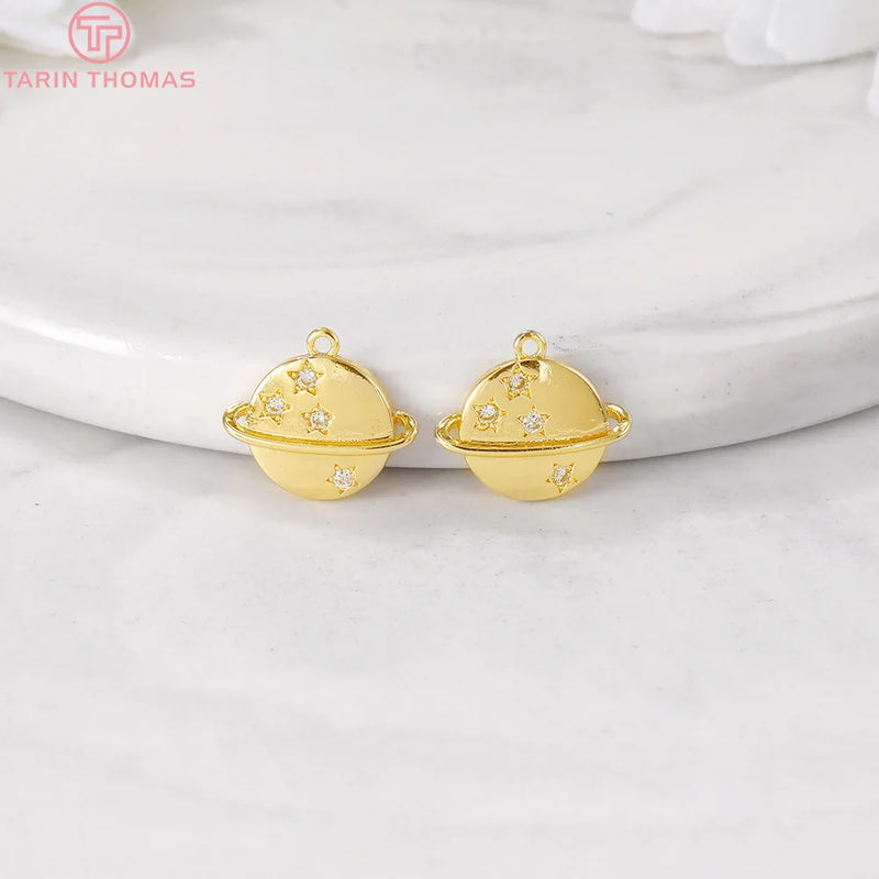 6PCS 8x10MM Planet Charms Pendants 24K Plated Brass Zircon DIY Jewelry