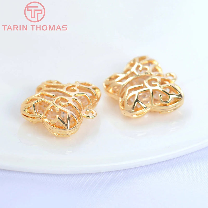 4PCS 18x16MM 24K Brass Zircon Butterfly Charms Pendants