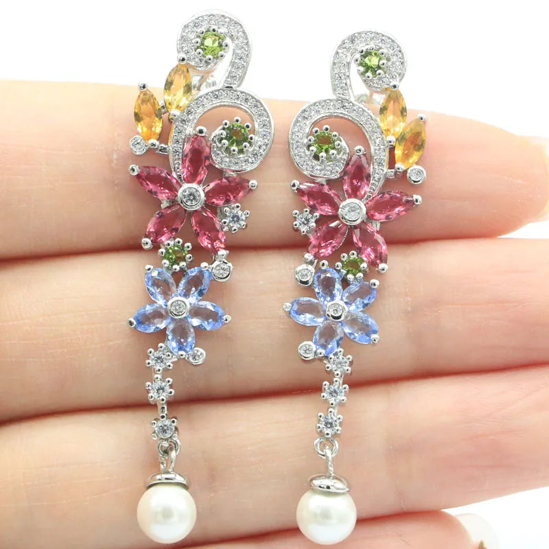 Violet Tanzanite Garnet Peridot Pearl Engagement Earrings