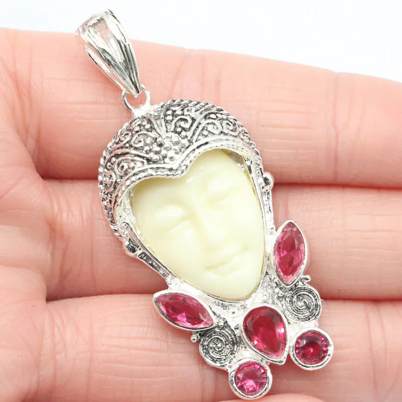 Garnet Goddess Face Silver Pendant 11.6g Gift For Women