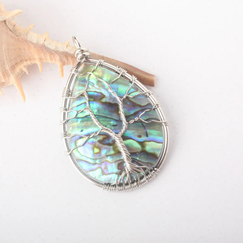 Steel Wire Winding Tree of Life Abalone Shell Pendant