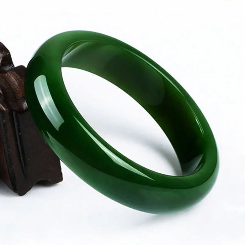 Natural Green Jade Bangle Bracelet Hand-Carved Amulet for Women Men