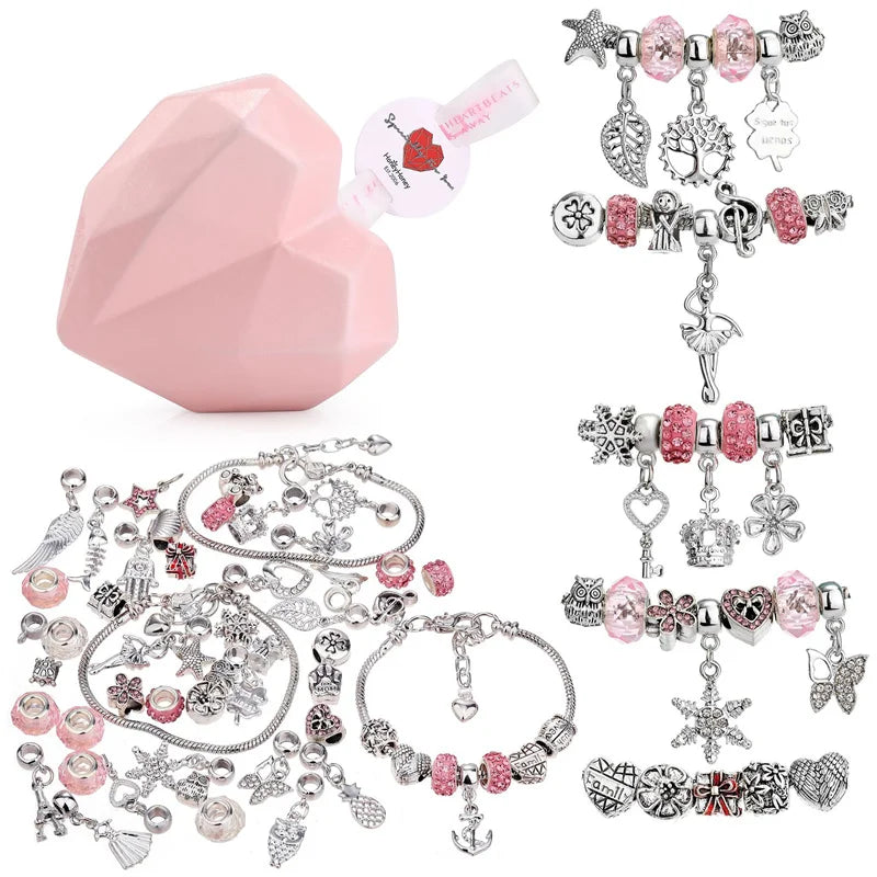 Bracelet Making Kit with European Beads Charms in Heart Box
