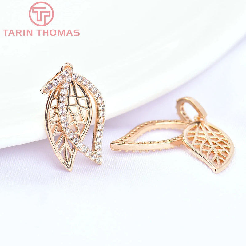 2PCS 9x23MM 24K Brass Zircon Leaf Charms Pendants DIY Jewelry Making