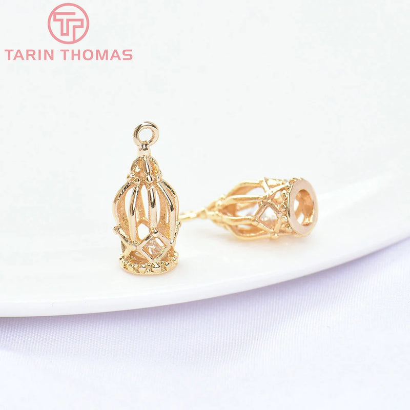 4PCS 7x15.5MM 24K Brass Zircon Bird Cage Pendants DIY Jewelry Findings