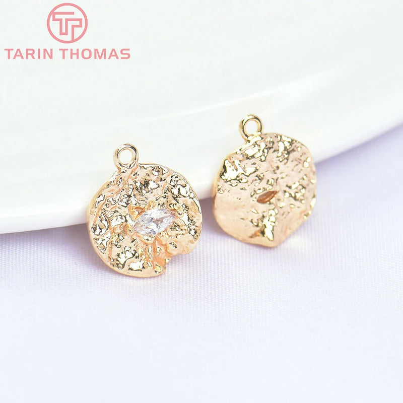 6PCS 10MM 24K Brass Zircon Round Charms Pendants DIY Jewelry Findings