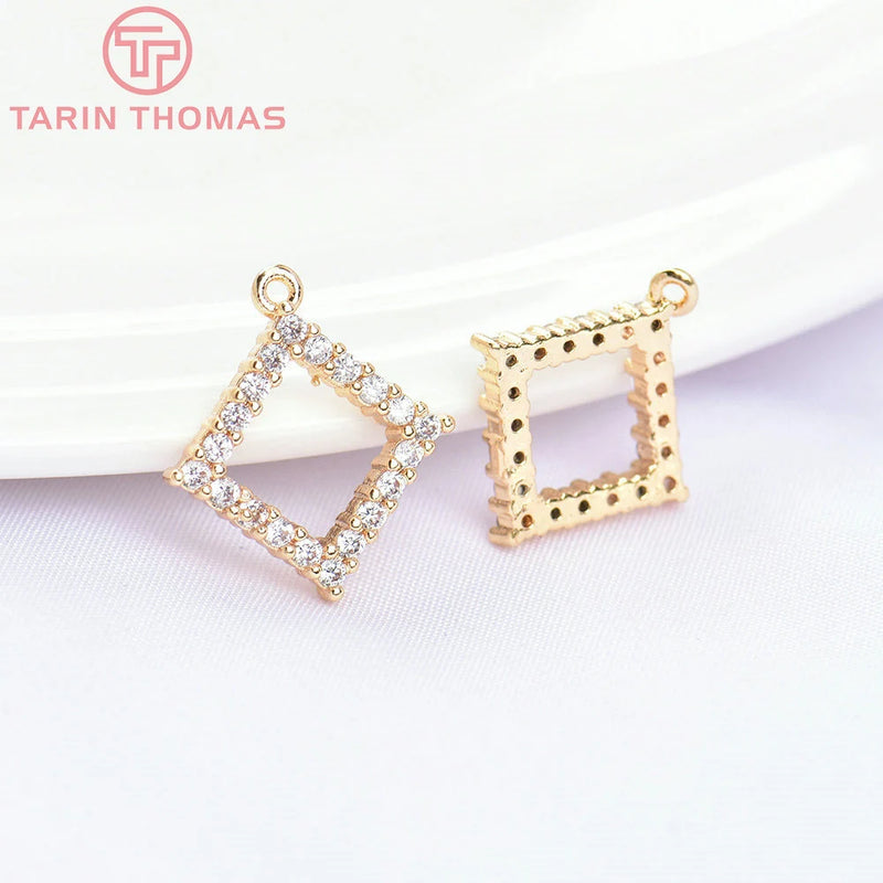 4PCS 14MM 24K Brass with Zircon Rhombus Charms Pendants DIY Jewelry Findings