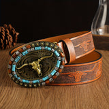 Wide Men's Large Cowboy Belt with Ox Head Buckle