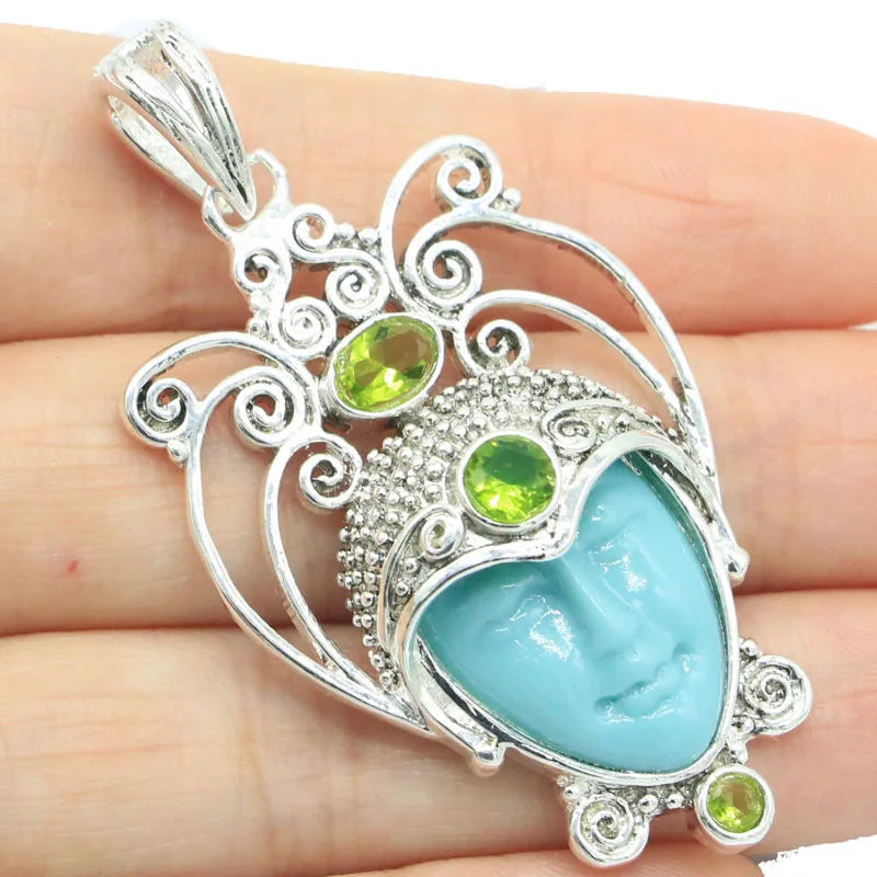 European Goddess Turquoise Face Silver Pendant