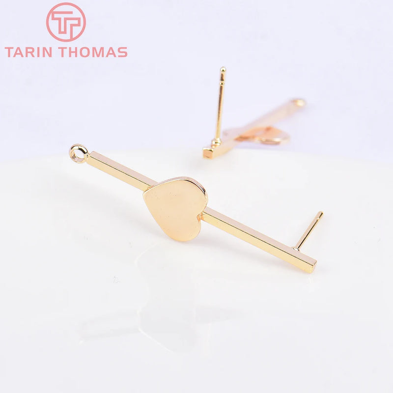 6PCS 10x35MM 24K Brass Heart Stud Earrings for Jewelry Making