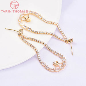 2PCS 20x50MM 24K Brass Zircon Water Droplets Earrings