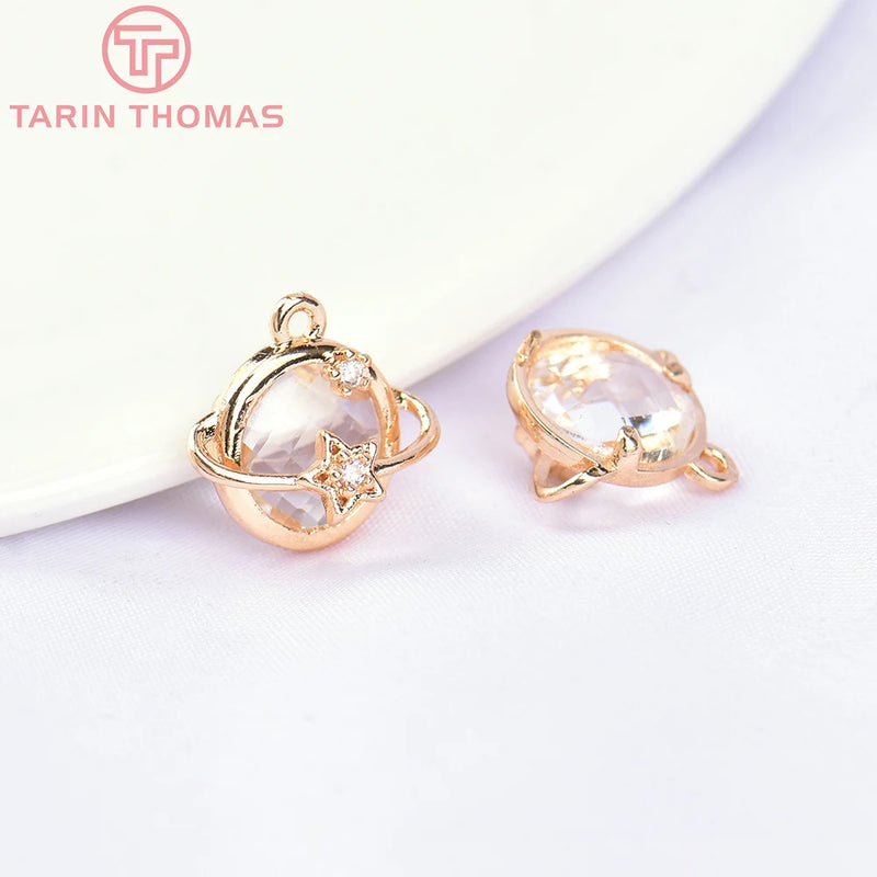 10PCS 13x10MM 24K Brass Zircon Planet Charms Pendants DIY Jewelry Making